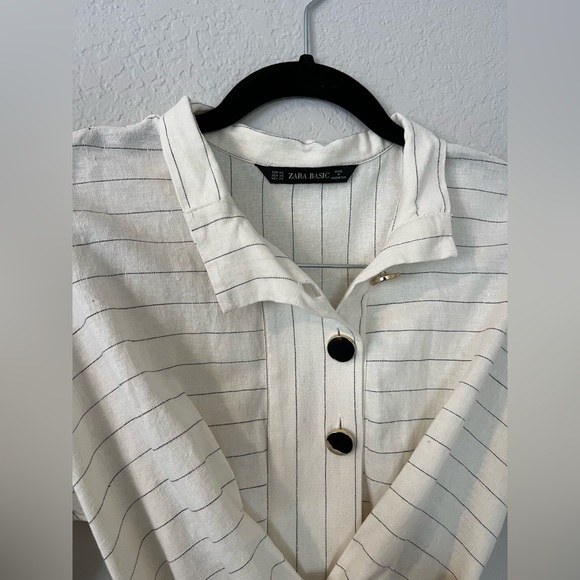 ZARA Basic Gold Button Linen Pinstripe Robe Midi Dress in Natural Cream XS - Picture 4 of 8